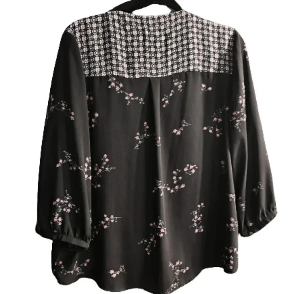 Maurices Black Floral Blouse with Cross wrap style - Picture 2 of 5